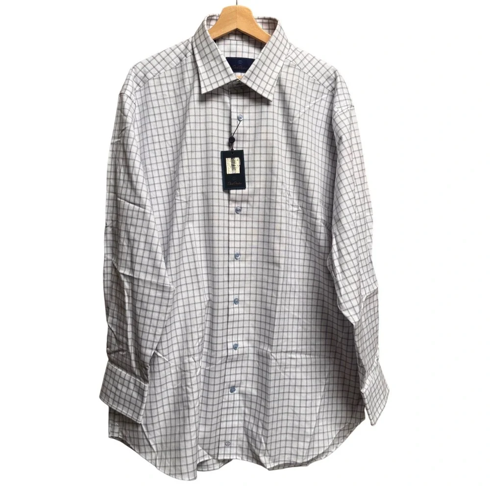 NWT David Donahue Mens Textured Lux Thick Dune Check Cotton Dress Shirt 18 34/35 - Picture 2 of 12